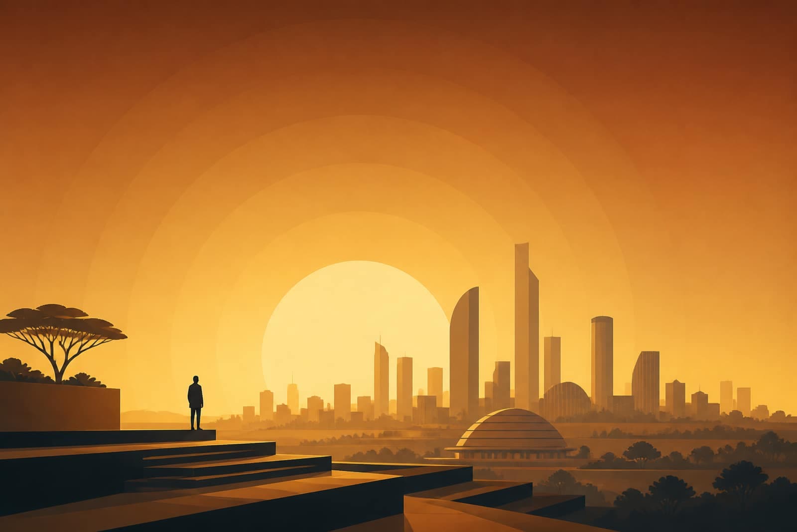 Illustrated golden-hour skyline of Addis Ababa, a quiet figure looking out over the city